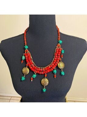 Coral & Turquoise Necklace OS Indonesian Necklace statement Bib necklace